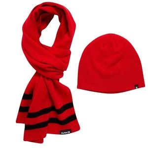 Hurley NEW 2 Piece Mens Winter Hat Beanie Scarf Gift Set Skate Red White Black